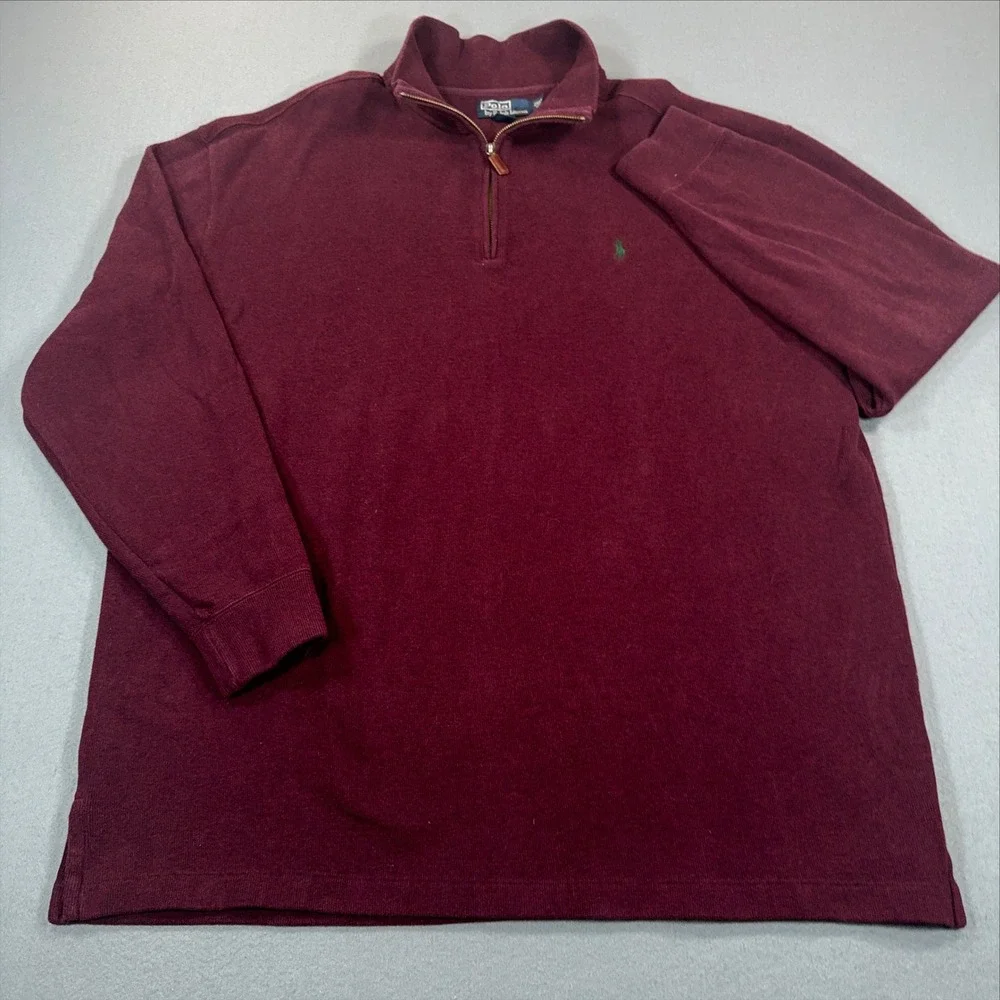 Polo Ralph Lauren Mens 2XLT Burgundy Cotton Ribbed Quarter Zip Pullover Sweater